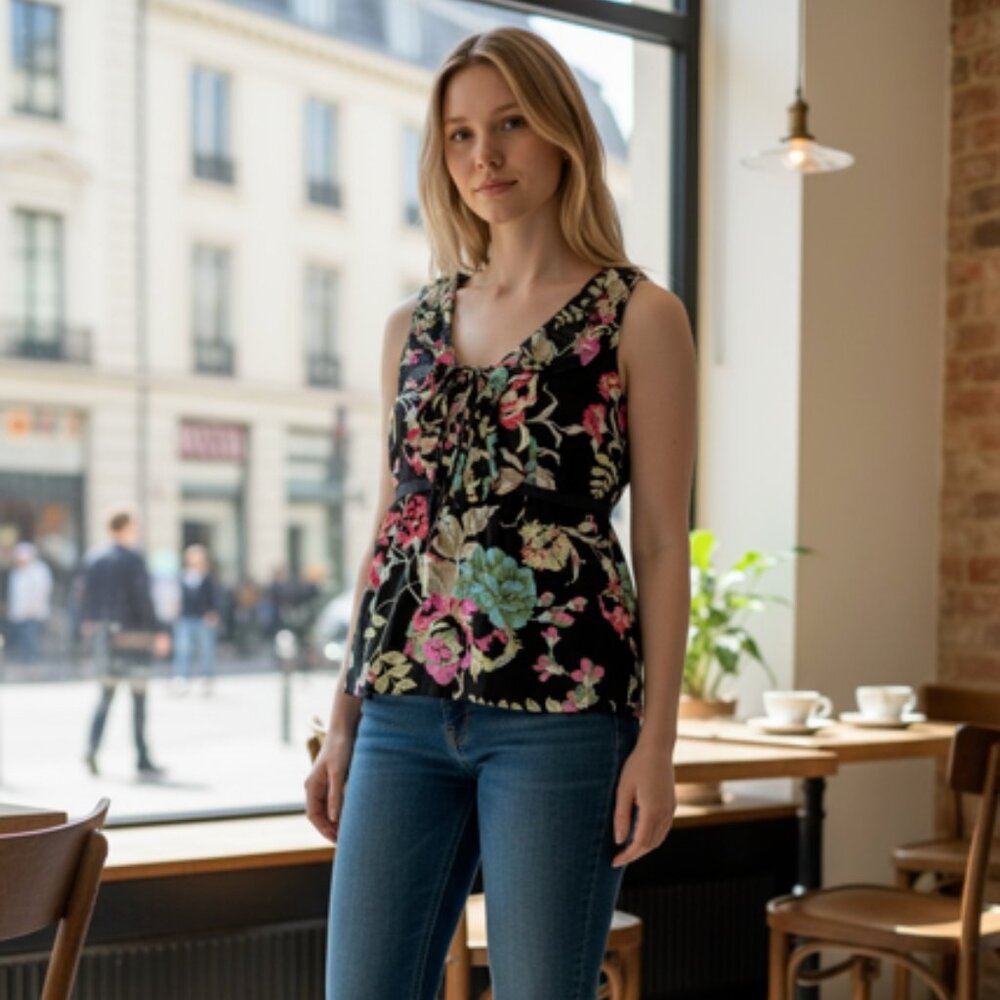 Anthropologie Edem & Esyllte Sleeveless Black Floral Ruffle Top - Size 6